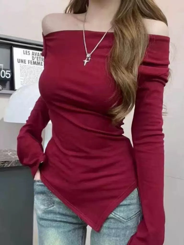Pure desire one shoulder base shirt for women in spring and summer, slim fit and slimming, with irregular hem as the base, long sleeved T-shirt top